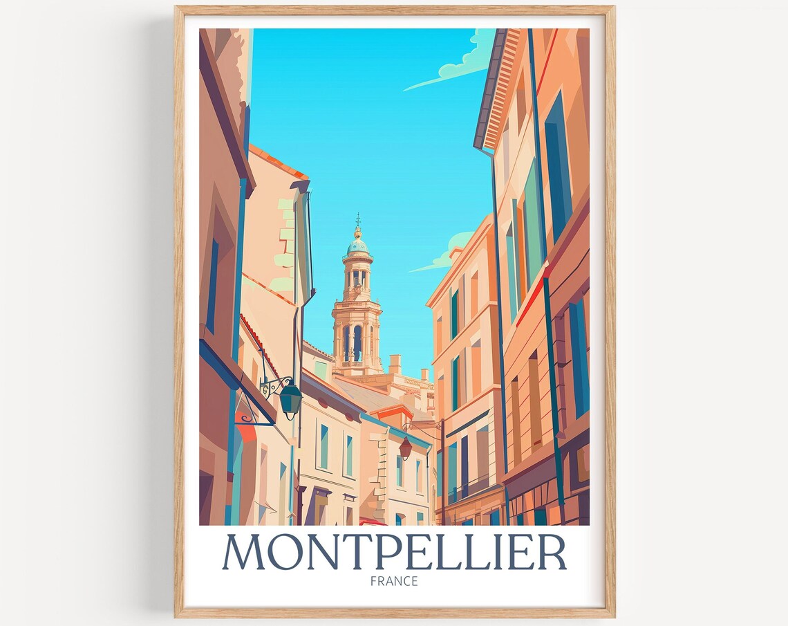 Montpellier France Historic Old Town Street and Church Tower Poster