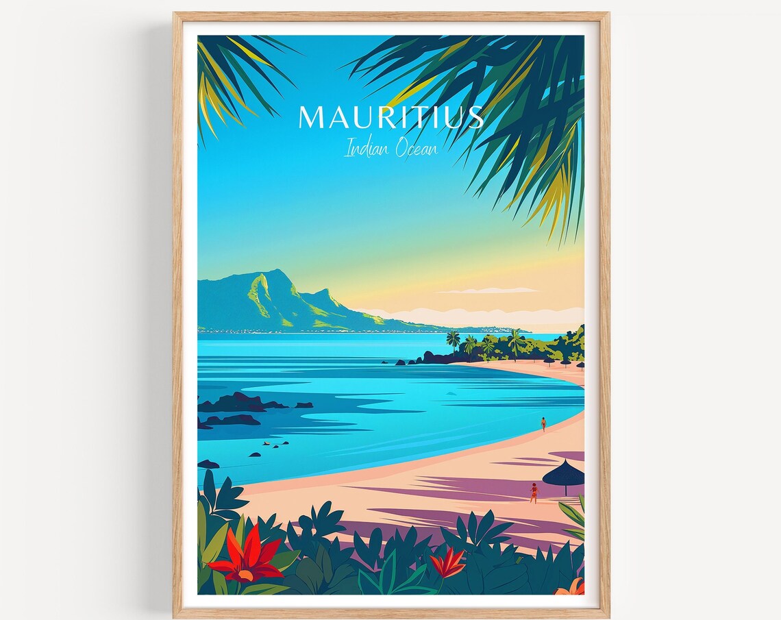 Mauritius Indian Ocean Beach Mountain Cove Sunset Travel Poster