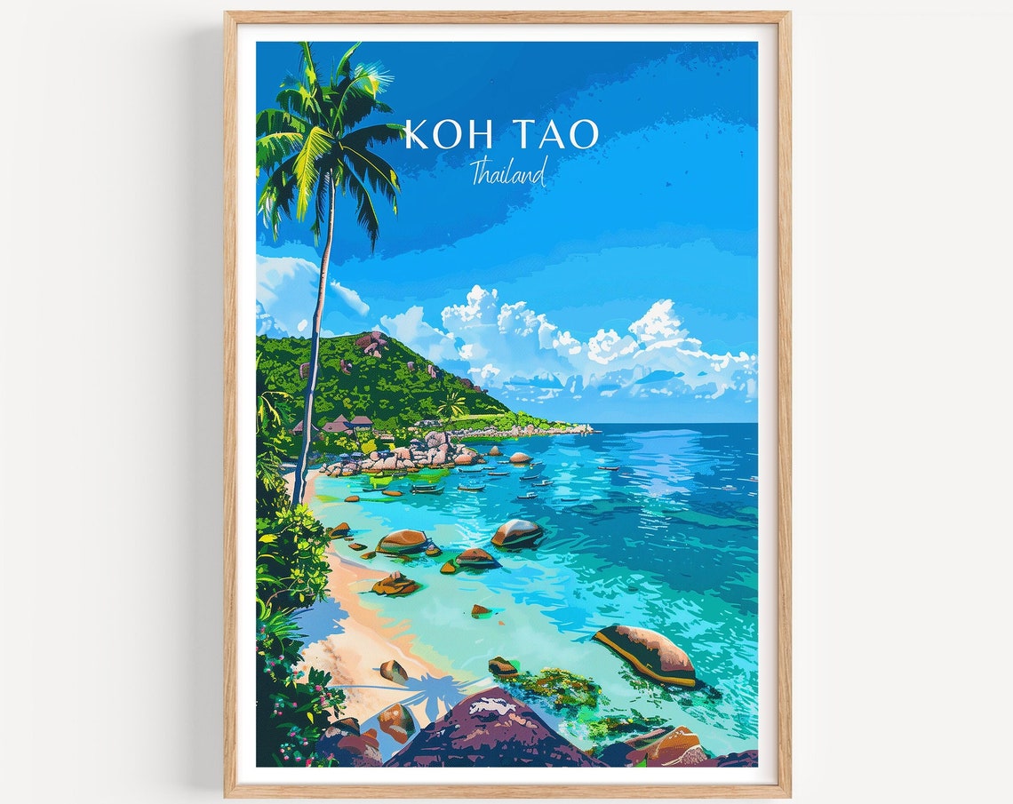 Koh Tao Thailand Boulder Rocky Beach with a Tall Palm Poster