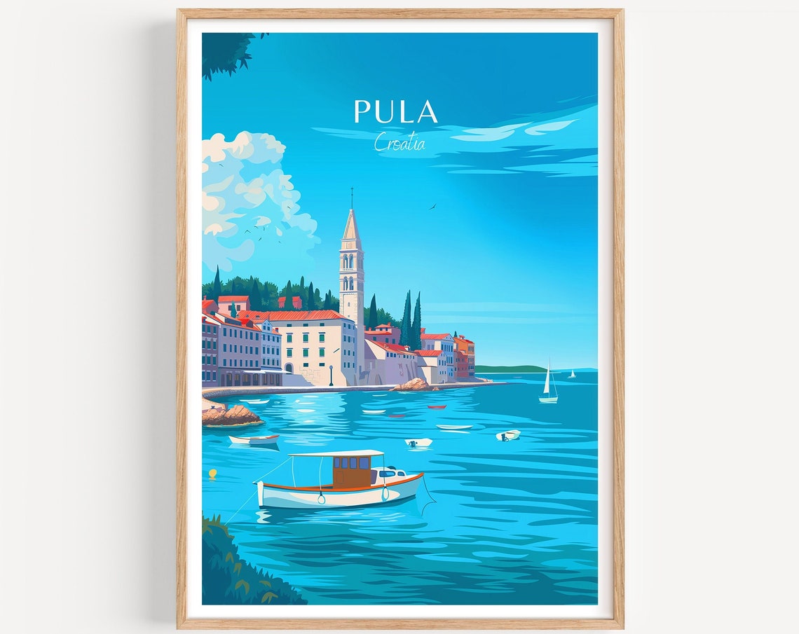 Pula Croatia Harbor Bell Tower Fishing Boats Adriatic Travel Poster