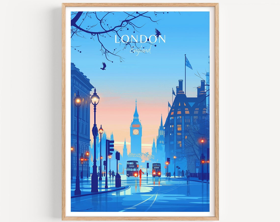 London England Big Ben at Dusk with Red Double Decker Buses Poster
