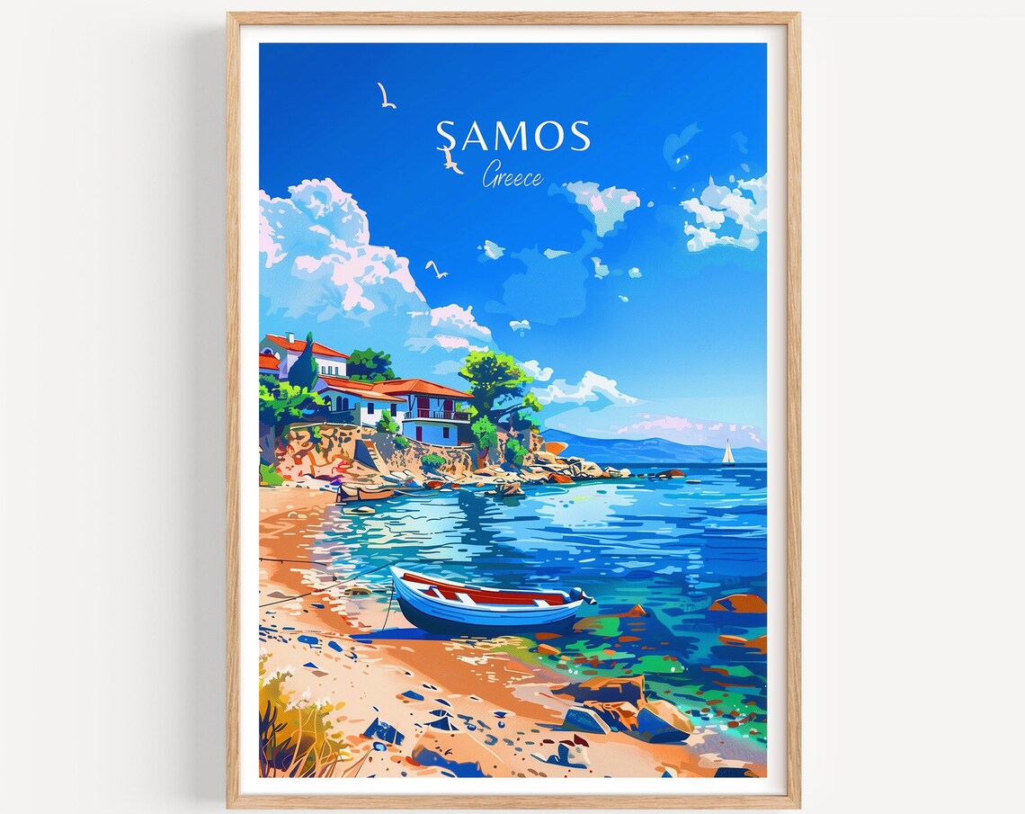 Samos Greece Island Cove Fishing Boat Sparkling Sea Travel Poster