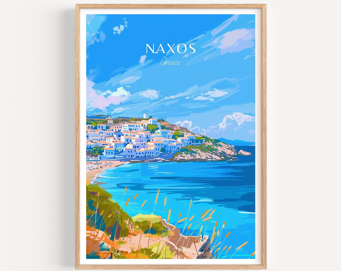 Naxos Greece Whitewashed Hillside Village Bay Blue Sea Travel Poster