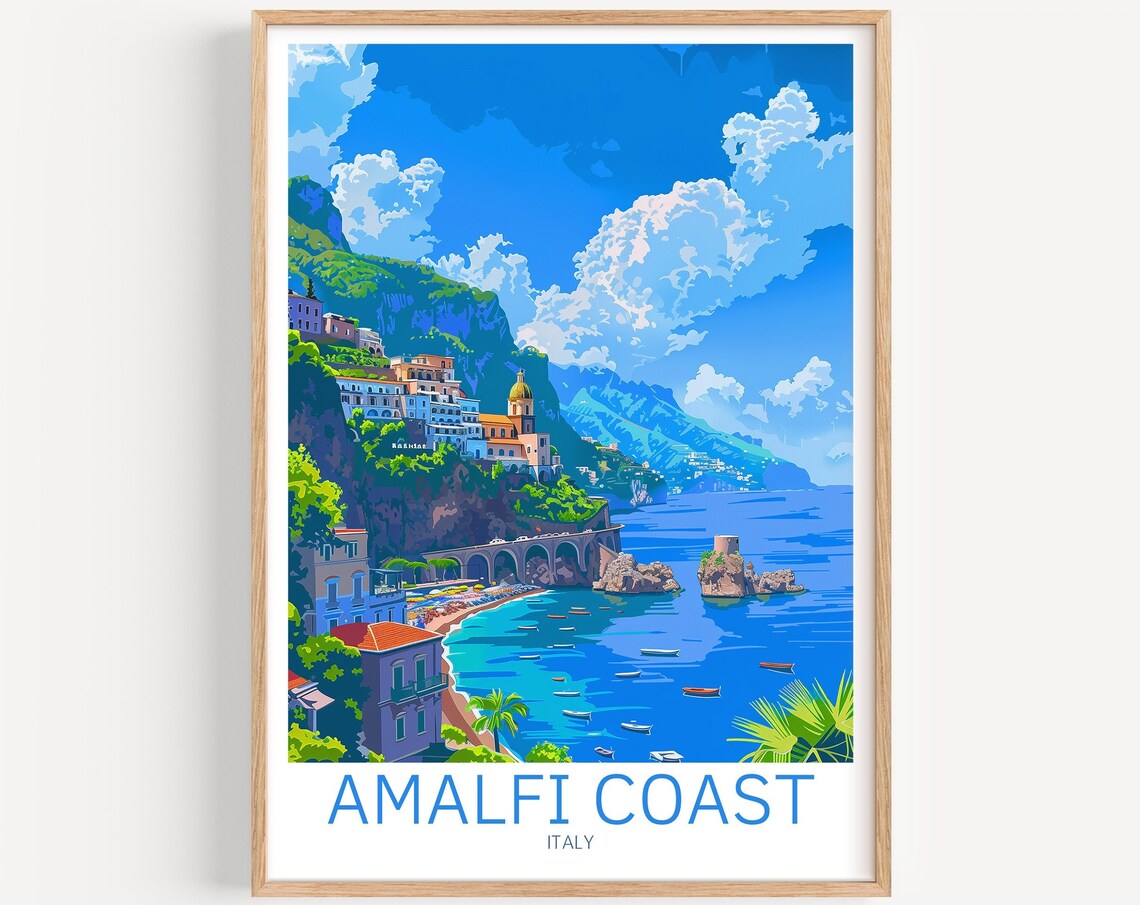 Amalfi Coast Italy Cliffside Village Bright Seaside Travel Poster