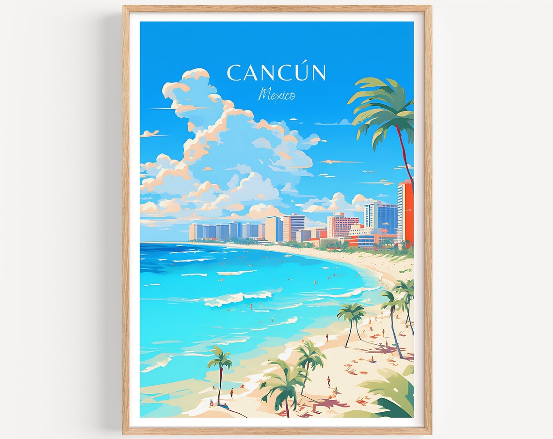 Cancun Mexico Hotel Zone Beach Skyline Vintage Travel Poster
