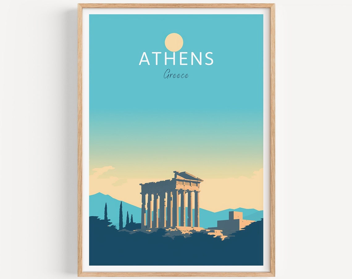 Athens Greece Parthenon Ancient Sunset Minimalist Temple Poster