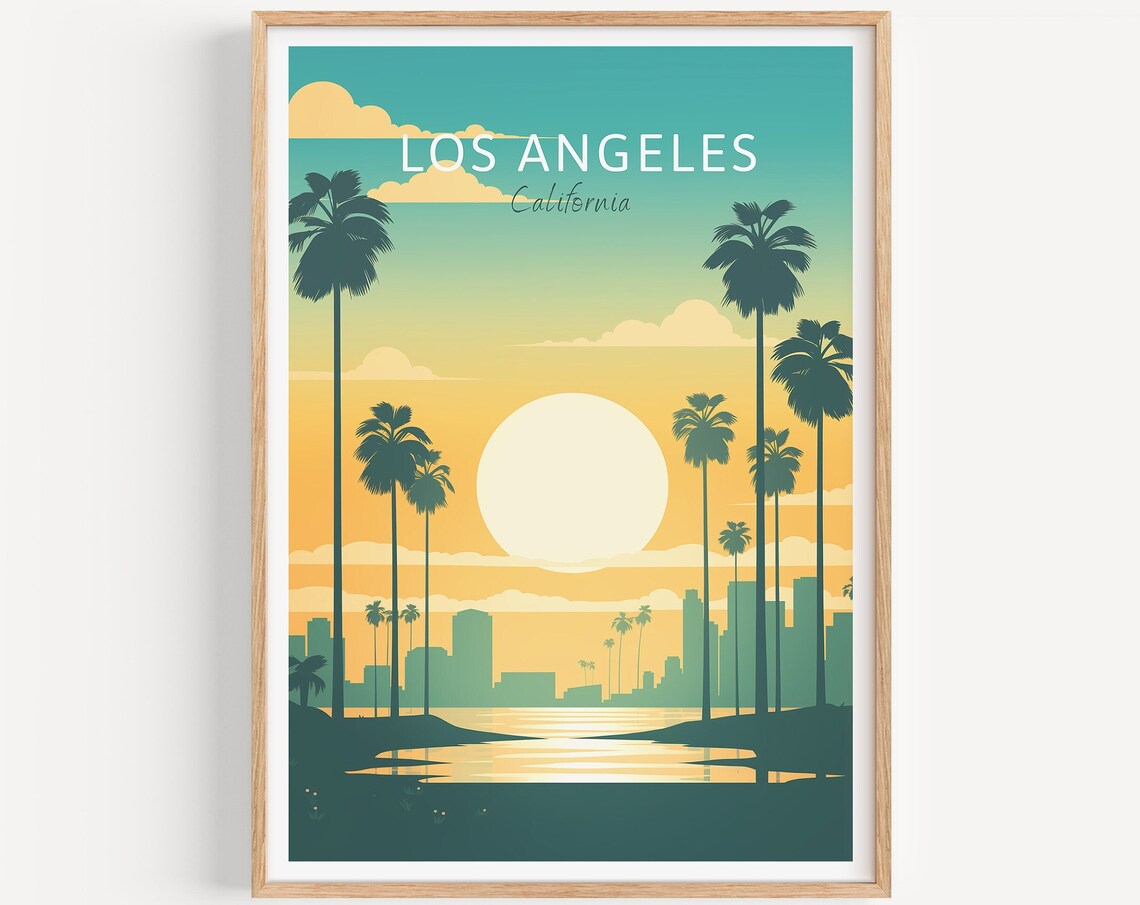 Los Angeles California Poster Palm Trees Sunset Skyline Travel Art