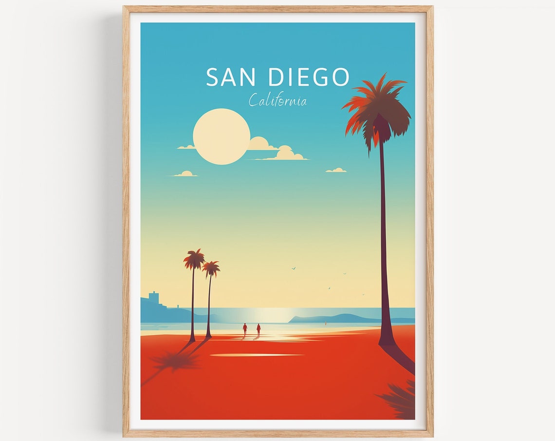 San Diego California Poster Beach Sunset Palm Trees Ocean View Art