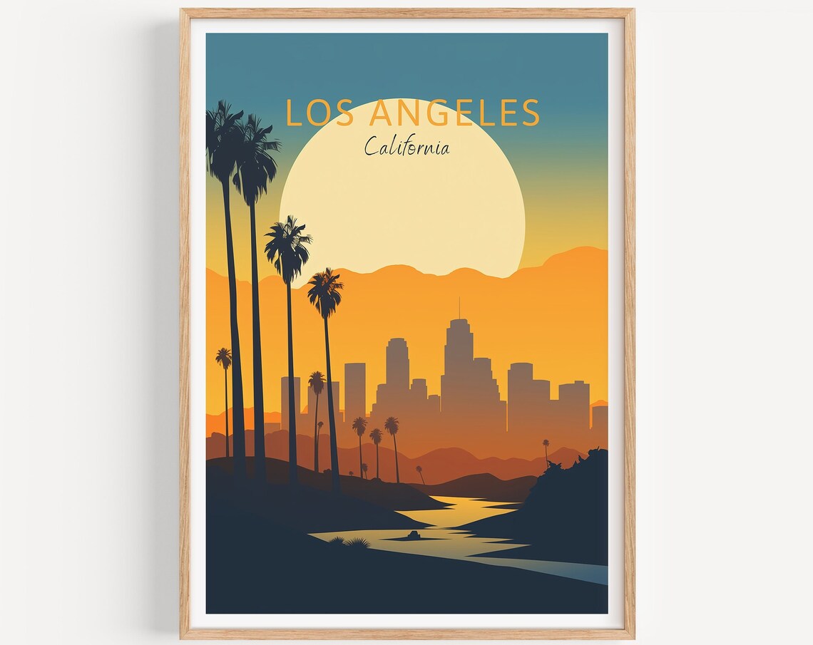 Los Angeles California Skyline Sunset Palms Vintage Travel Poster