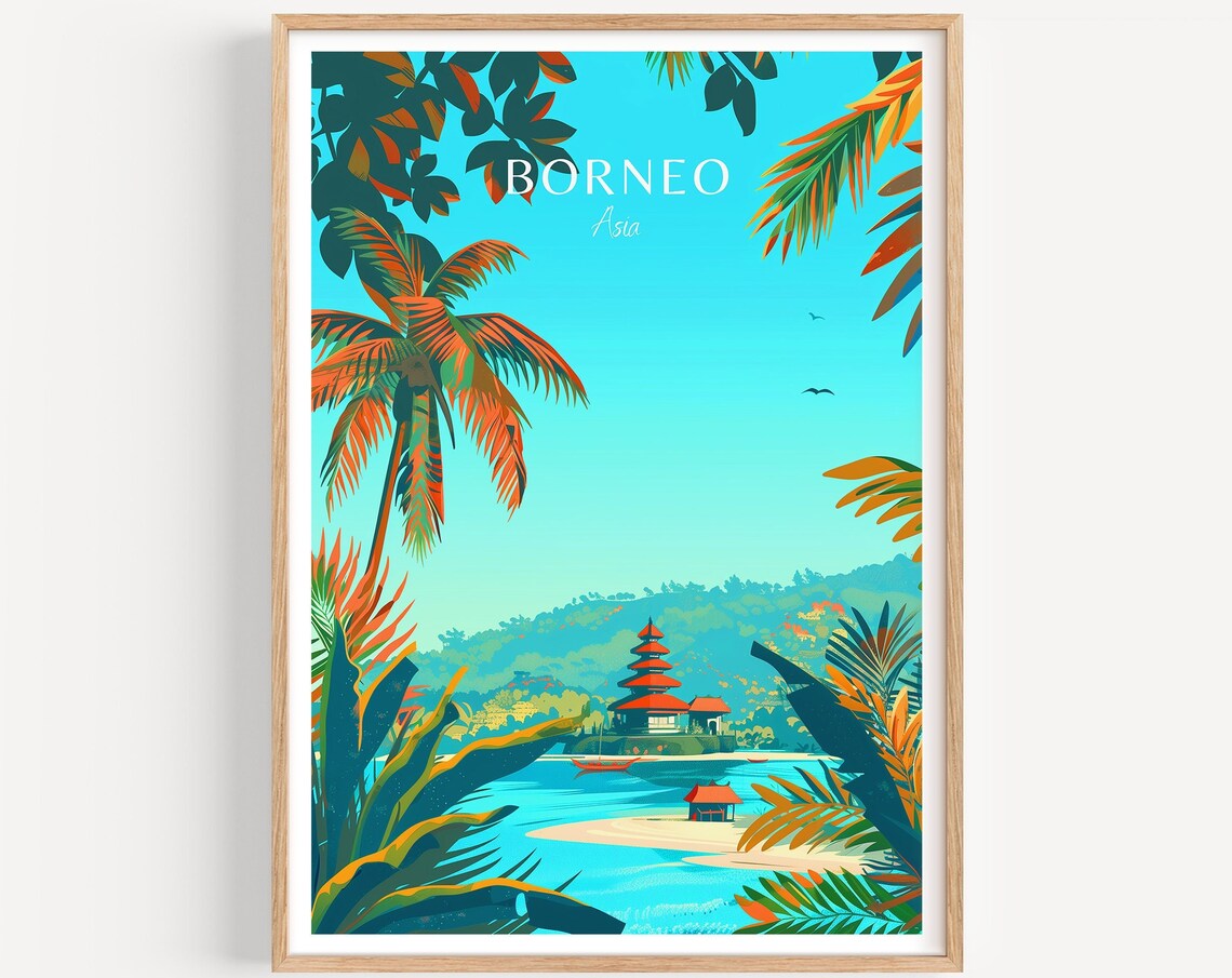 Borneo Asia Tropical Pagoda Temple Lakeside Palm Jungle Travel Poster