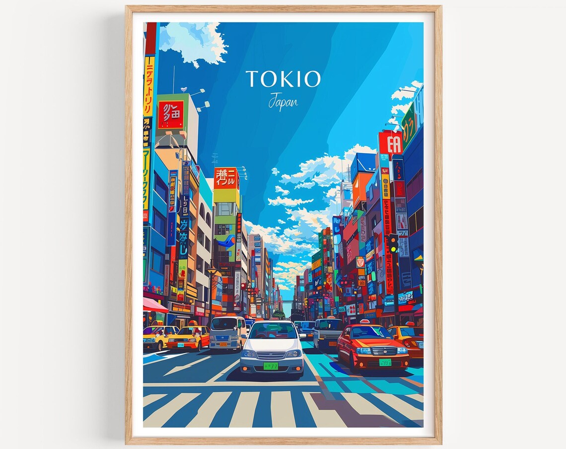 Tokyo Japan Neon Street Taxis Skyline Illustrated Travel Poster