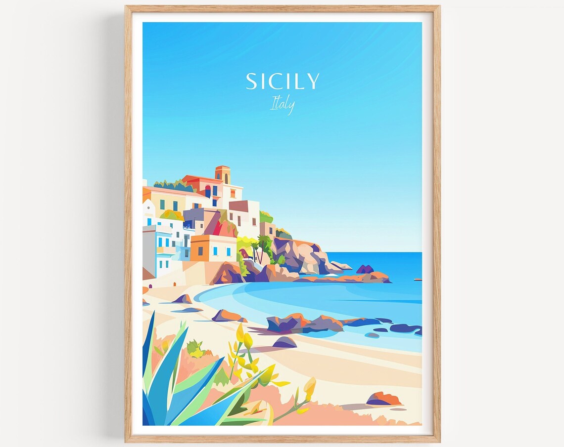 Charming Colorful Sicily Italy Seaside Town on a Rocky Coast Poster