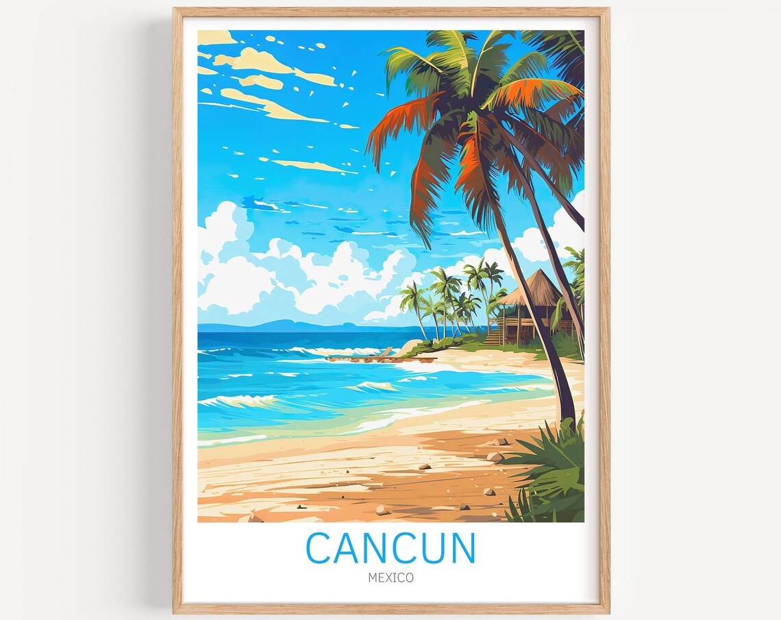 Cancun Mexico Travel Poster Palm Beach Waves Caribbean Shore Art