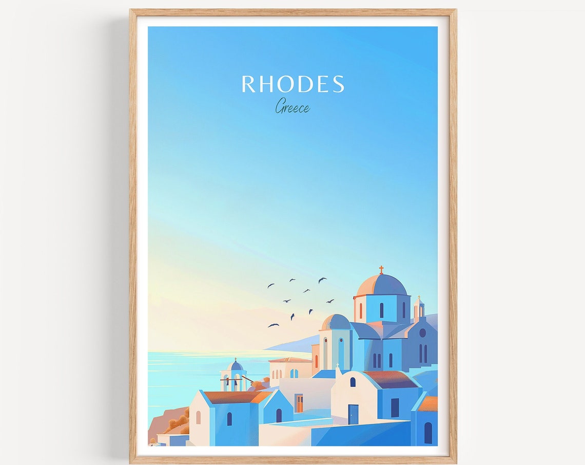 Rhodes Greece Church Domes by the Sea at Golden Hour Travel Poster