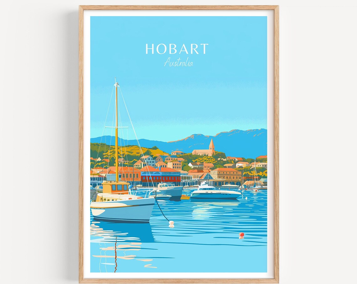 Tasmanian Hobart Australia Harbor with Boats and Hills Poster