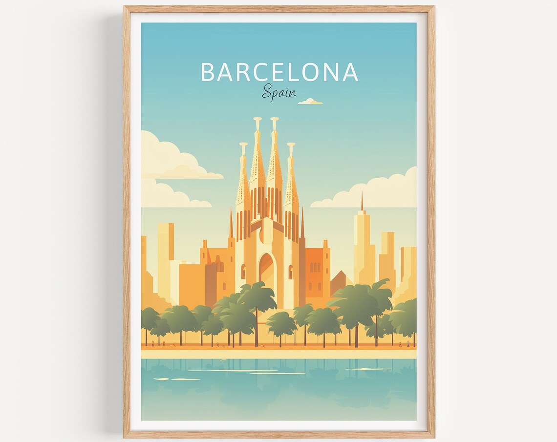 Barcelona Spain Sagrada Familia Waterfront Vintage Travel Poster