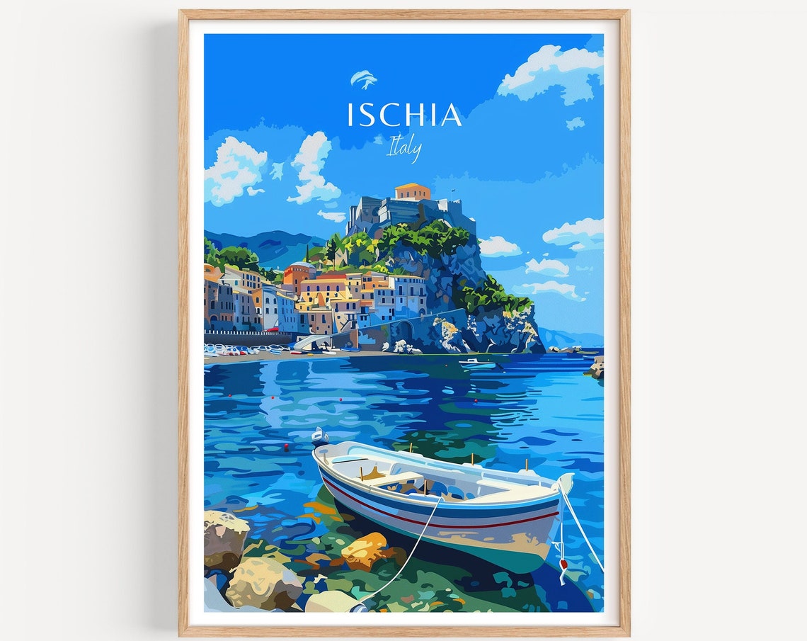 Ischia Italy Cliffside Castle Harbor Rowboat Bay View Poster