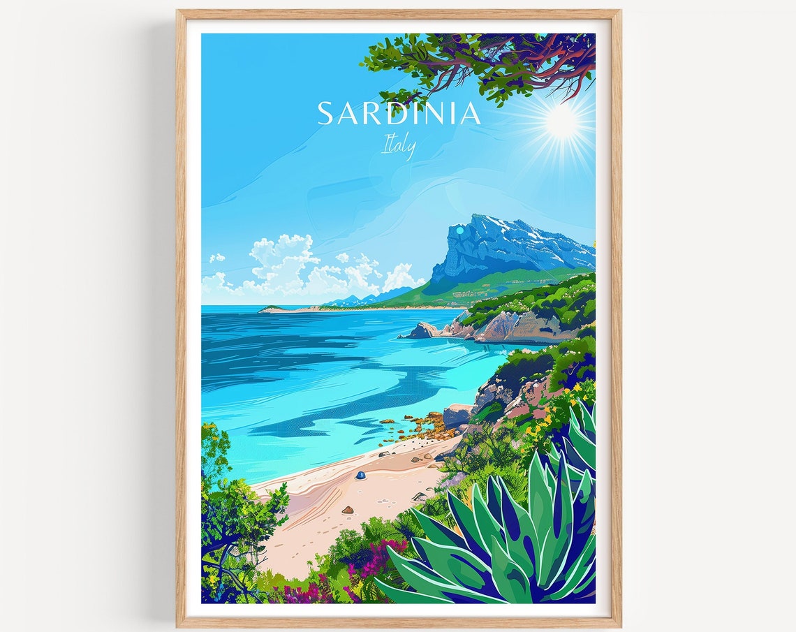 Sardinia Italy Turquoise Coast Beach Green Cliffs Travel Poster