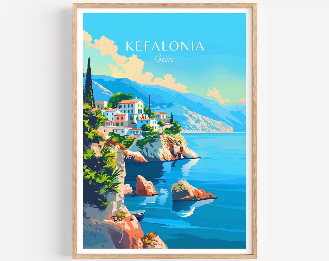 Kefalonia Greece White Village Cliffs Illustrated Travel Poster