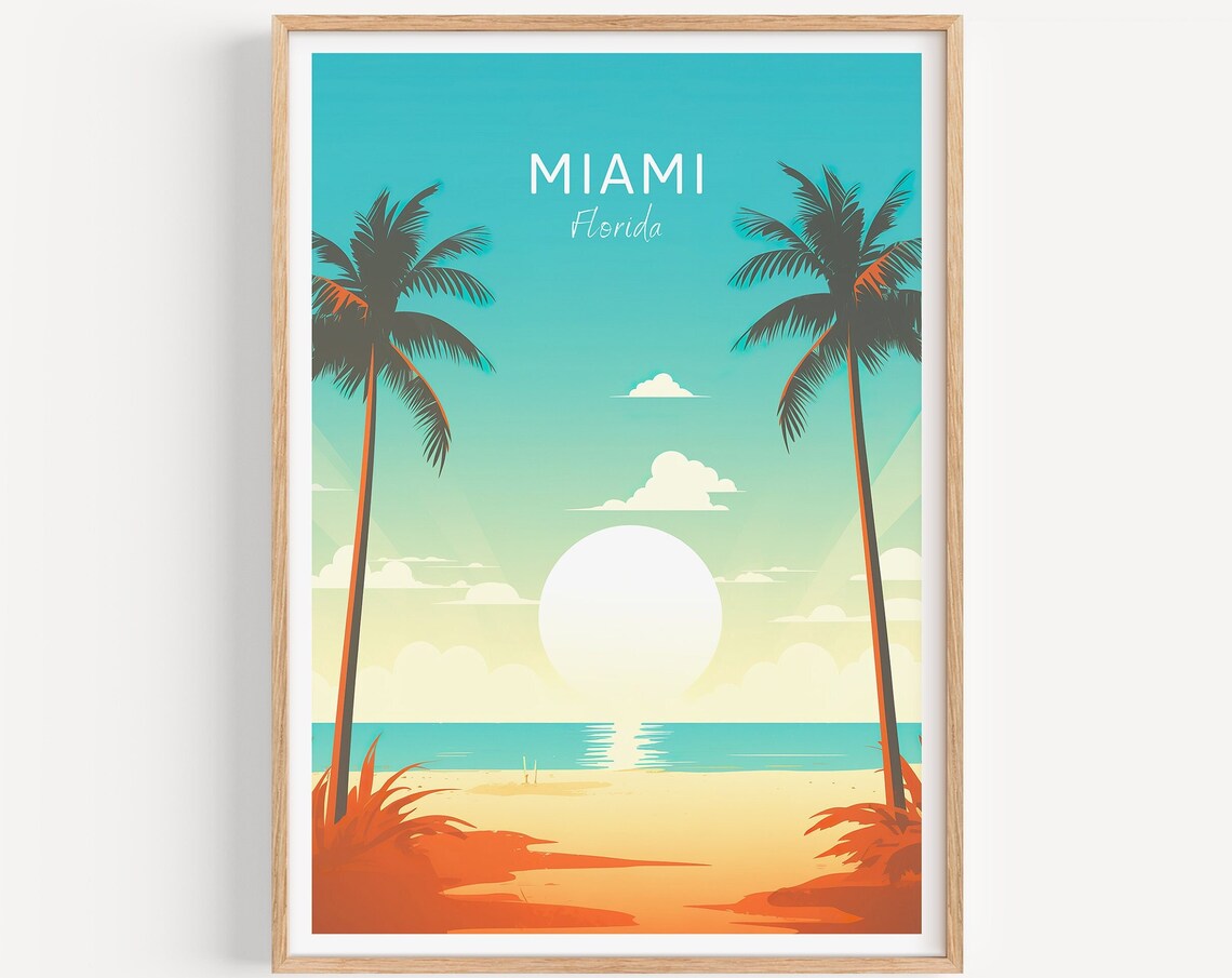 Miami Florida Sunset Beach With Palm Trees Vintage Travel Poster