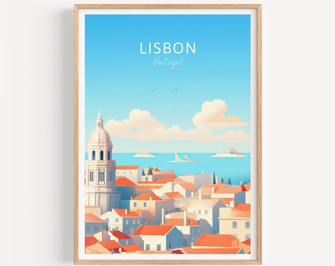 Lisbon Portugal Terracotta Rooftops And Sea Vintage Travel Poster