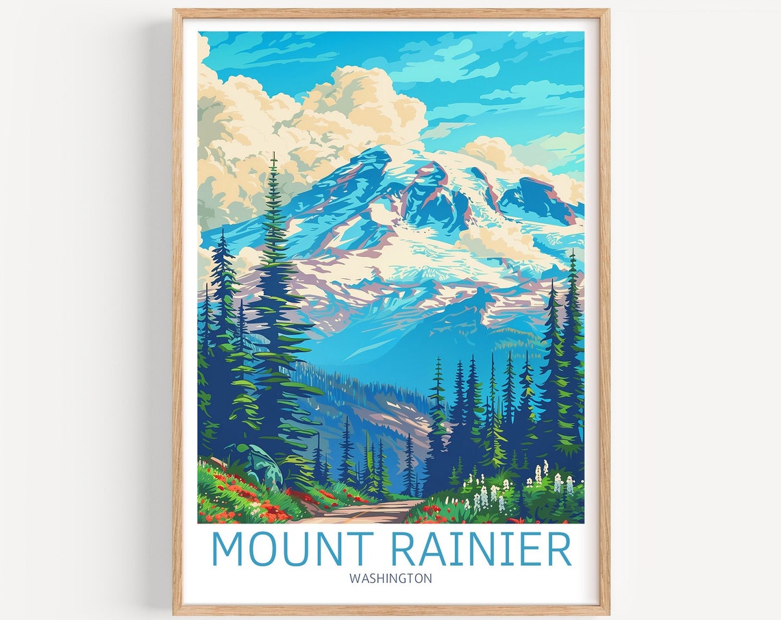Mount Rainier Washington Snowy Peak Pines Wildflower Meadow Poster