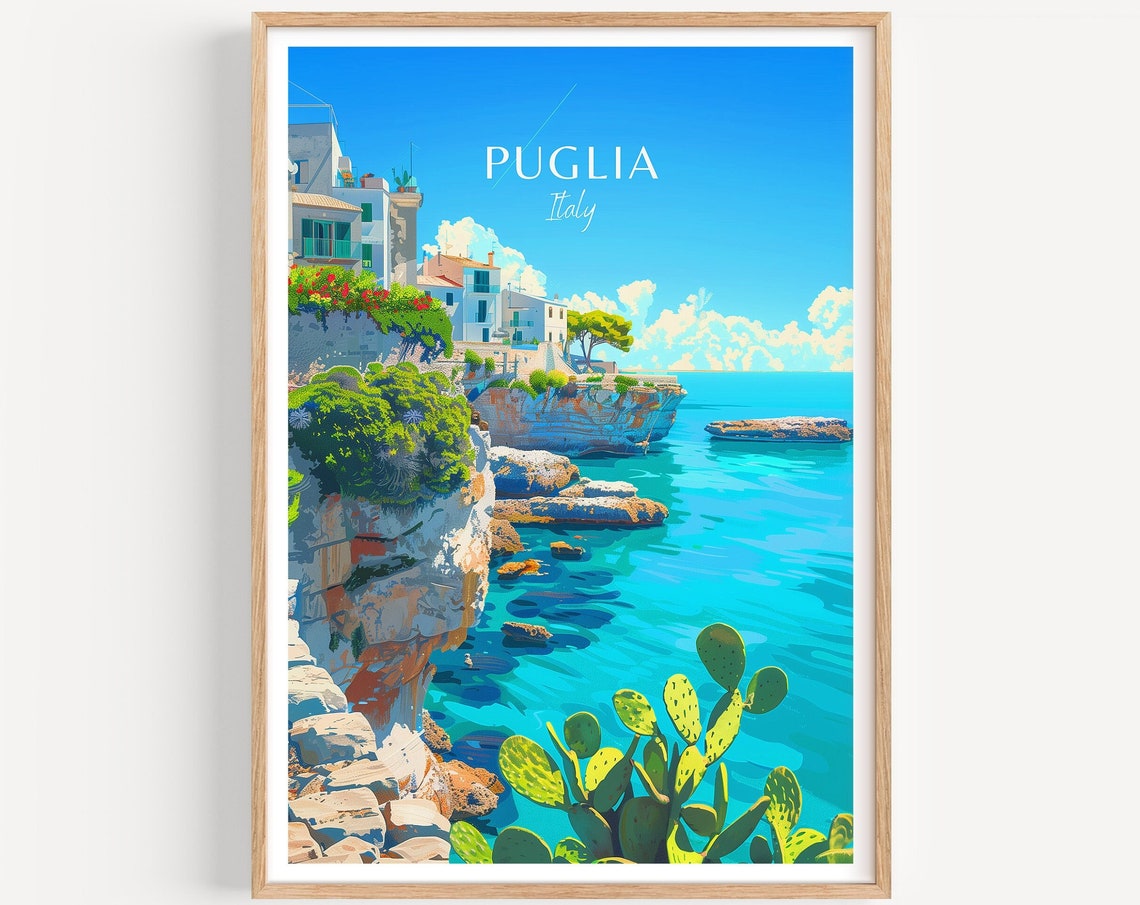 Puglia Italy Coastal Cliffs Cactus Turquoise Sea Seaside Travel Poster