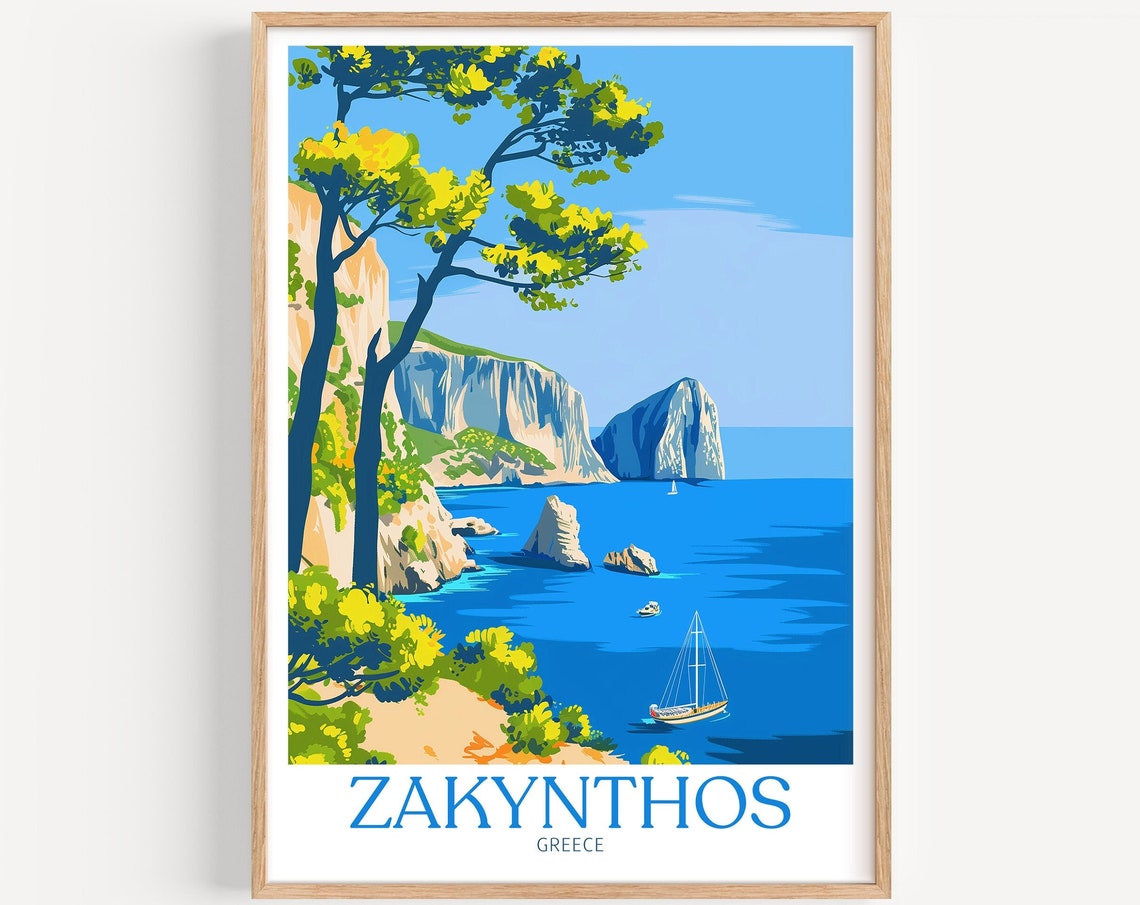 Zakynthos Greece Cliffs Sea Stacks Sailboat Blue Travel Poster