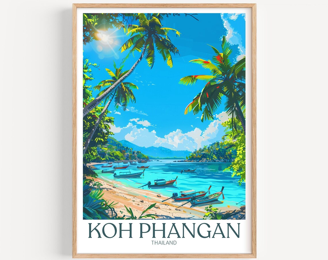 Tropical Koh Phangan Thailand Beach with Boats and Palms Poster