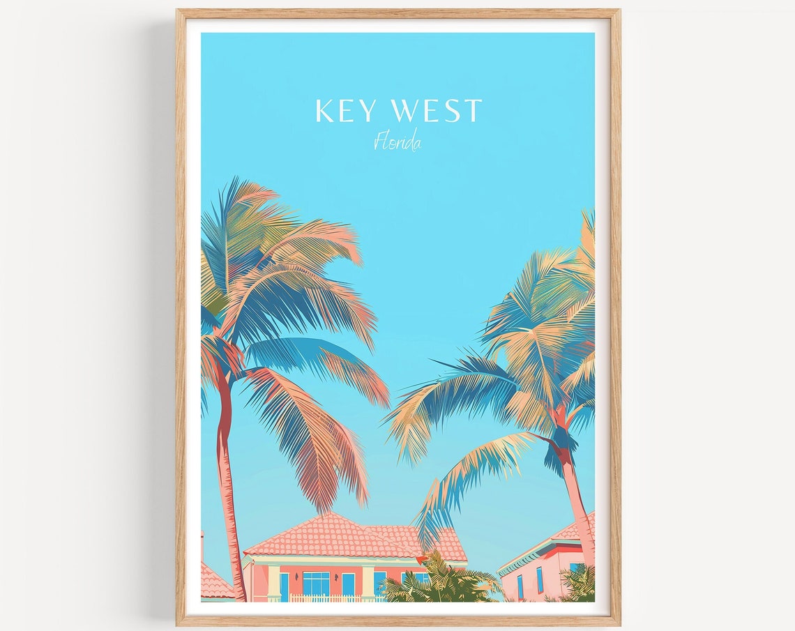 Key West Florida Pastel Palms and Island Houses Travel Poster