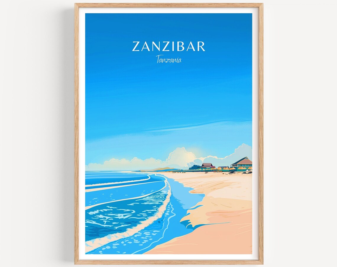 Zanzibar Tanzania Tranquil Beach Shoreline Retro Travel Art Poster