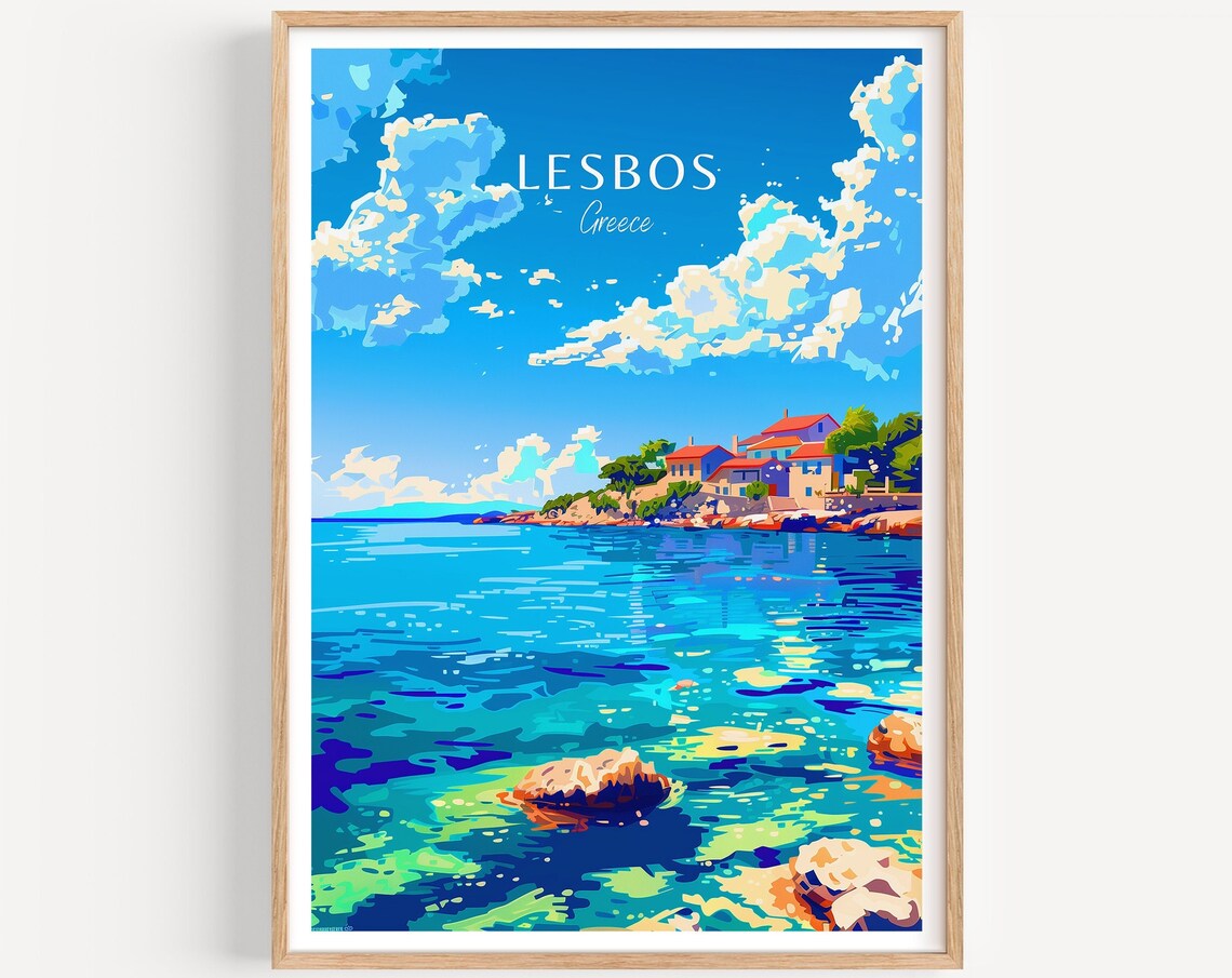 Lesbos Greece Aegean Coast Seaside Village Turquoise Sea Travel Poster