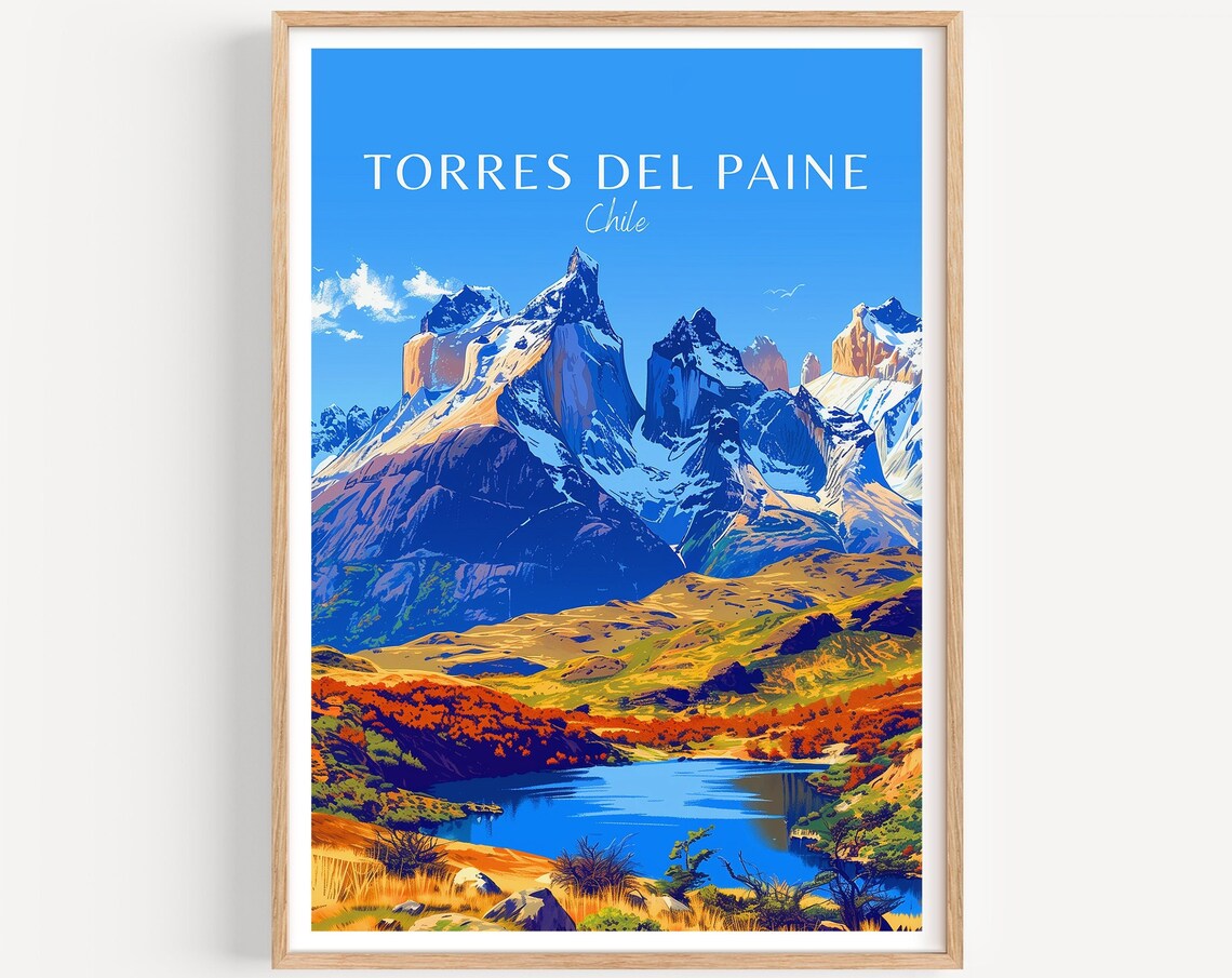 Torres del Paine Chile Cuernos Peaks Lake Alpine Meadow Travel Poster