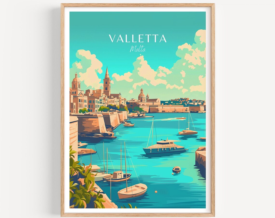 Valletta Malta Grand Harbour Boats Bastions Vintage Travel Poster