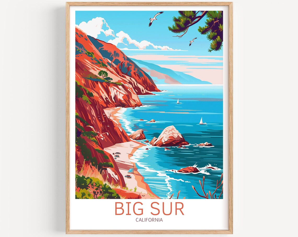Big Sur California Red Cliffs Rocky Shore Waves Travel Poster