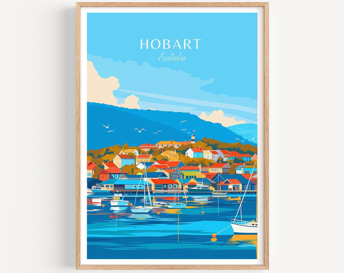Hobart Australia Colorful Harbor with Sailboats and Hills Poster