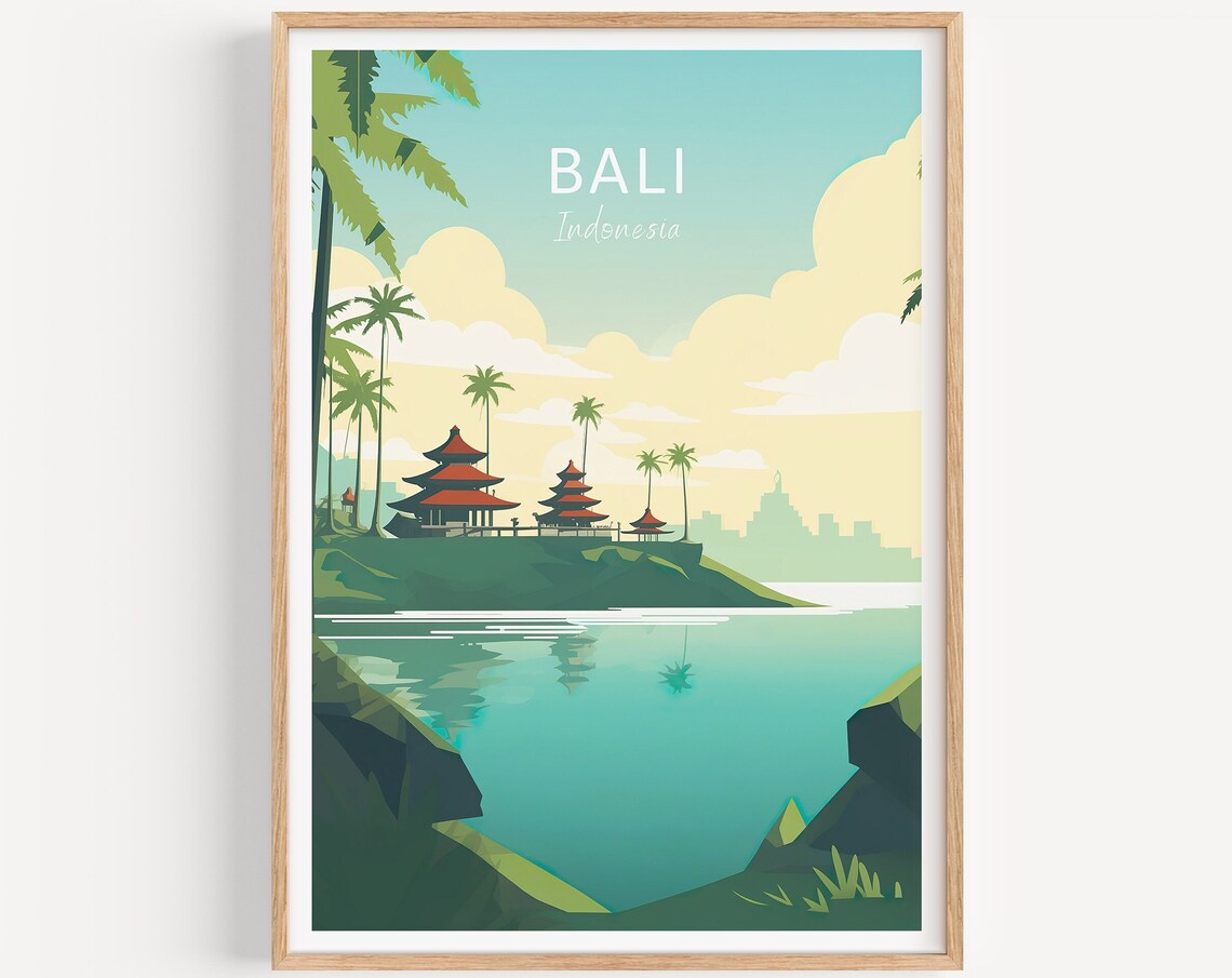 Bali Indonesia Poster Island Temple Lagoons Palms Green Travel Art