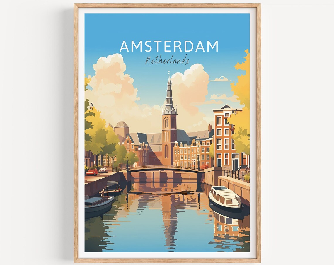 Amsterdam Netherlands Canal Bridge Church Tower Boats Poster