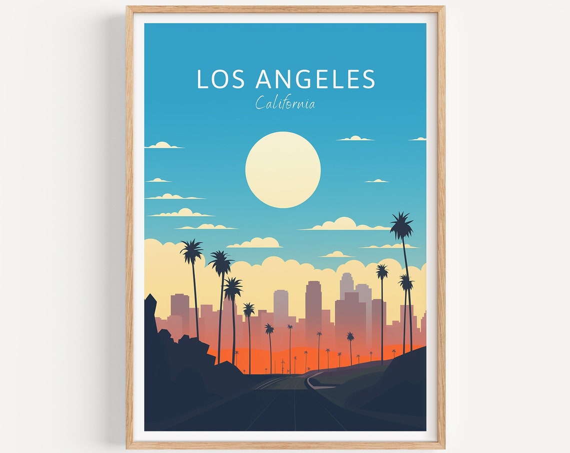Los Angeles California Skyline Palms Sun Illustrated Travel Poster