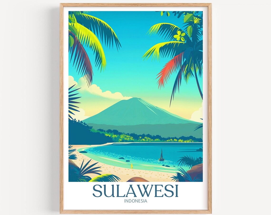 Sulawesi Indonesia Volcano Beach Palm Framed Travel Art Poster
