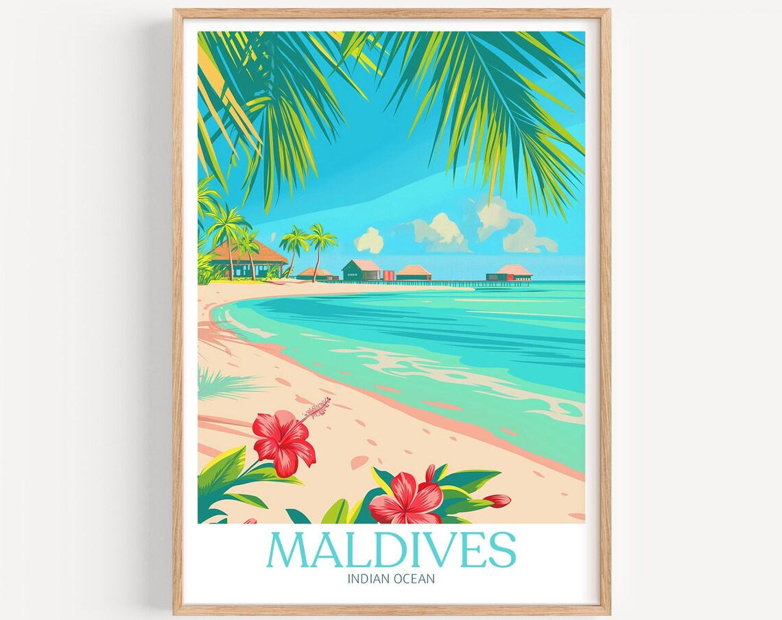 Maldives Indian Ocean Overwater Villas Hibiscus Beach Travel Poster