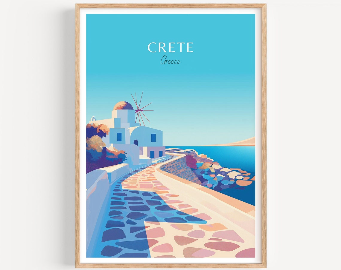 Traditional Crete Greece Windmill by the Sea on a Stone Path Poster