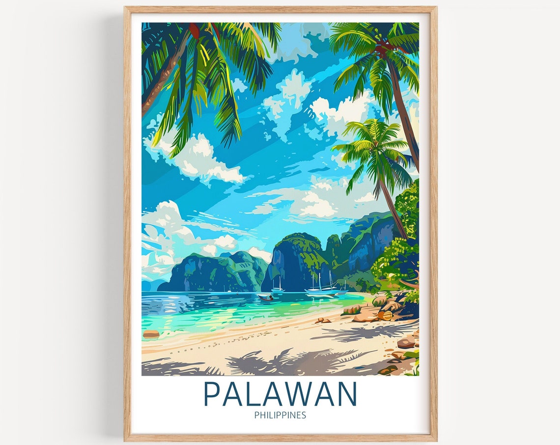 Palawan Philippines Palm Beach Karst Mountains Boats Bay Poster