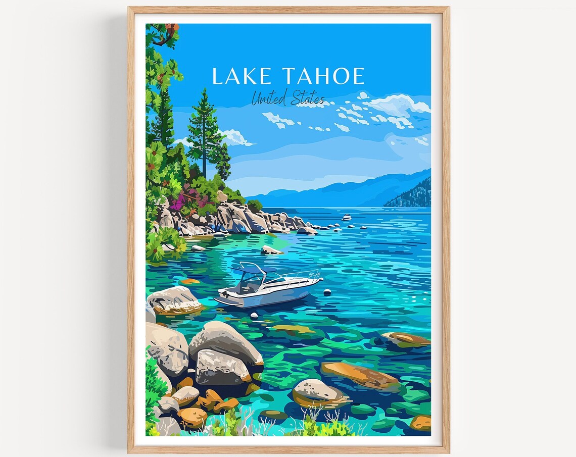 Lake Tahoe United States Clear Water Boat Rocks Travel Poster