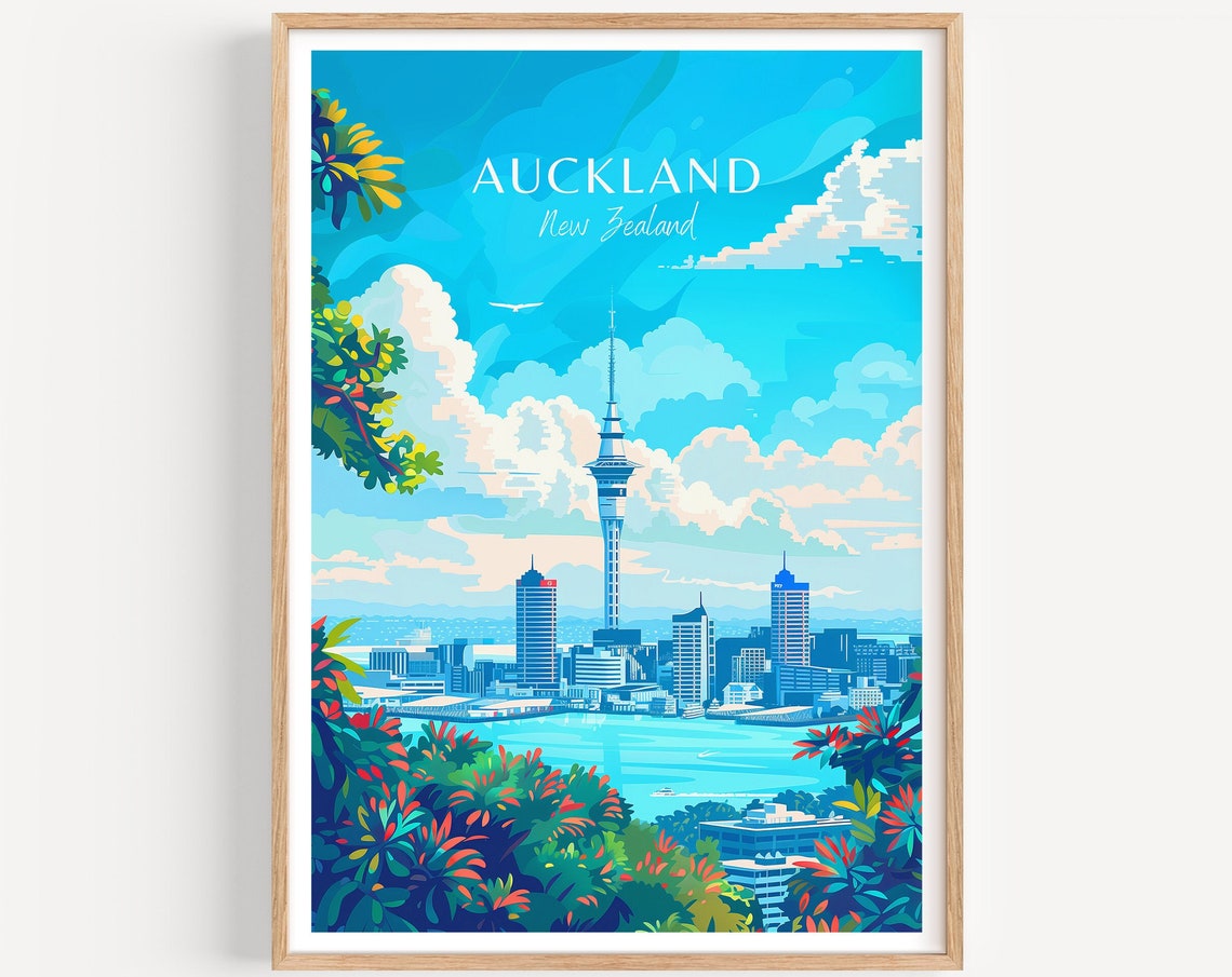 Auckland Sky Tower Skyline New Zealand Bright Tropical Poster