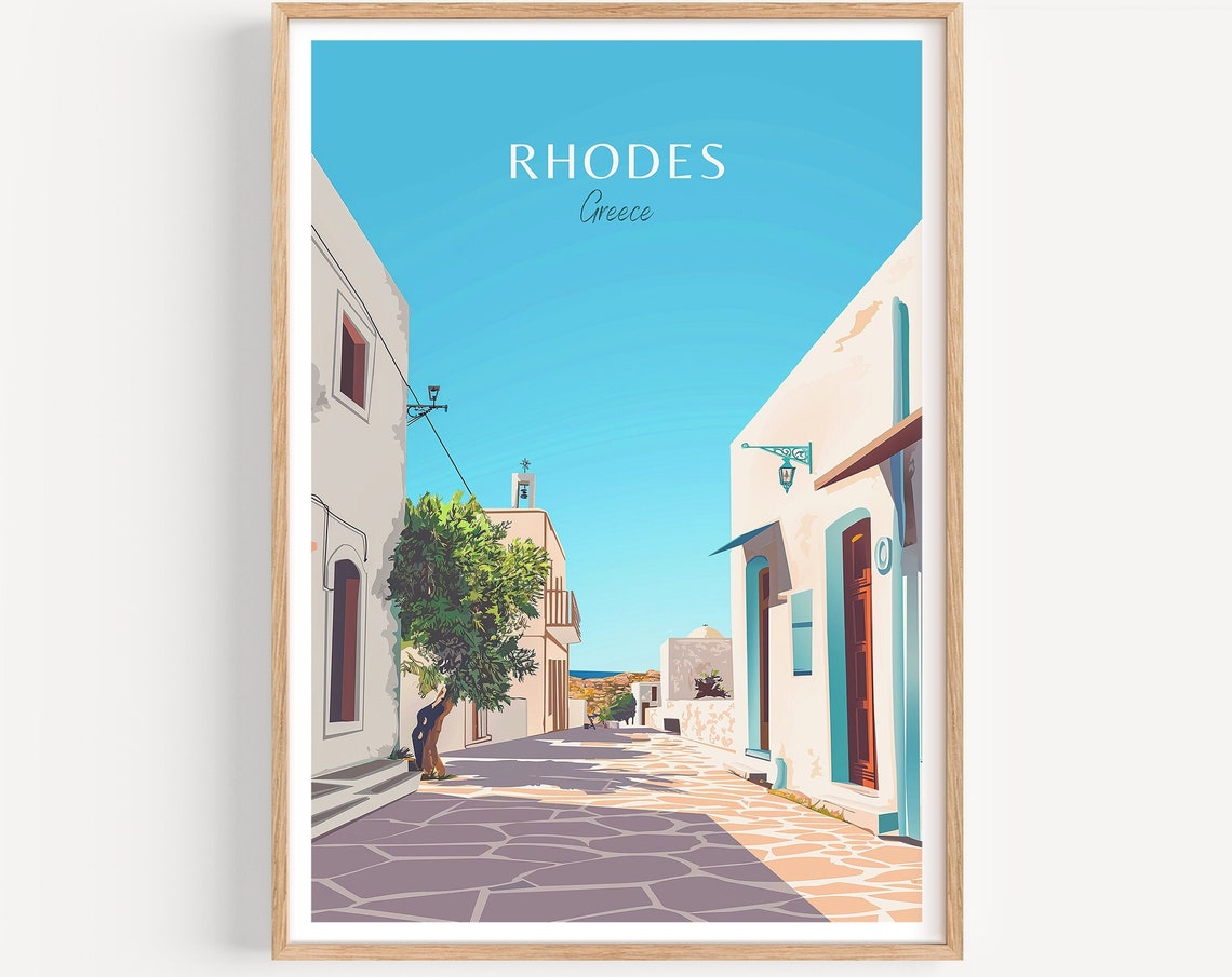 Rhodes Greece Whitewashed Street Leading Down to the Sea Poster