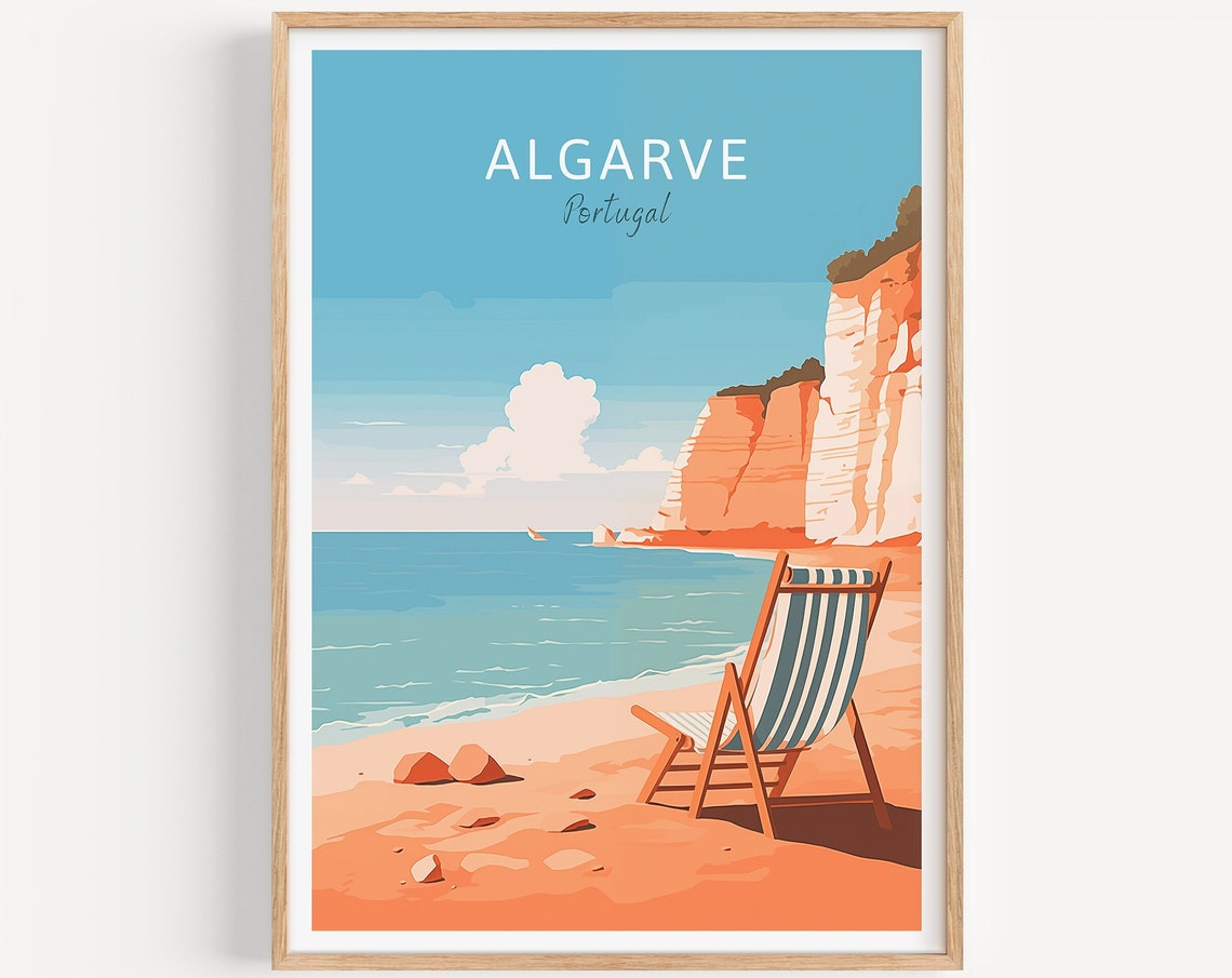 Algarve Portugal Poster Beach Cliffs Deck Chair Turquoise Sea Art