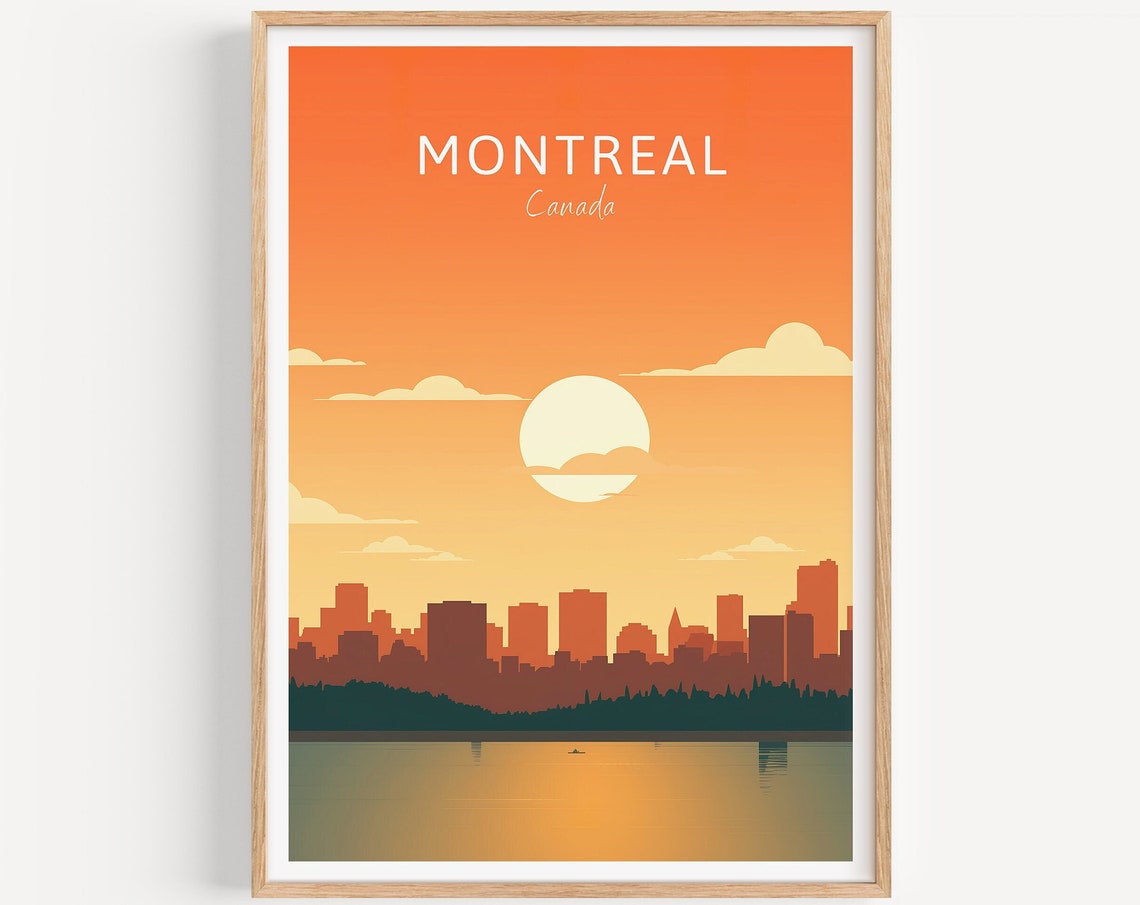 Montreal Canada Poster Skyline Sunset Waterfront Orange Sky Art