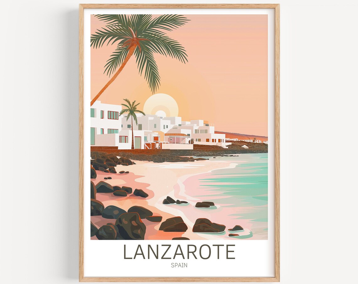 Lanzarote Spain Sunset White Village Palm Tree Travel Poster