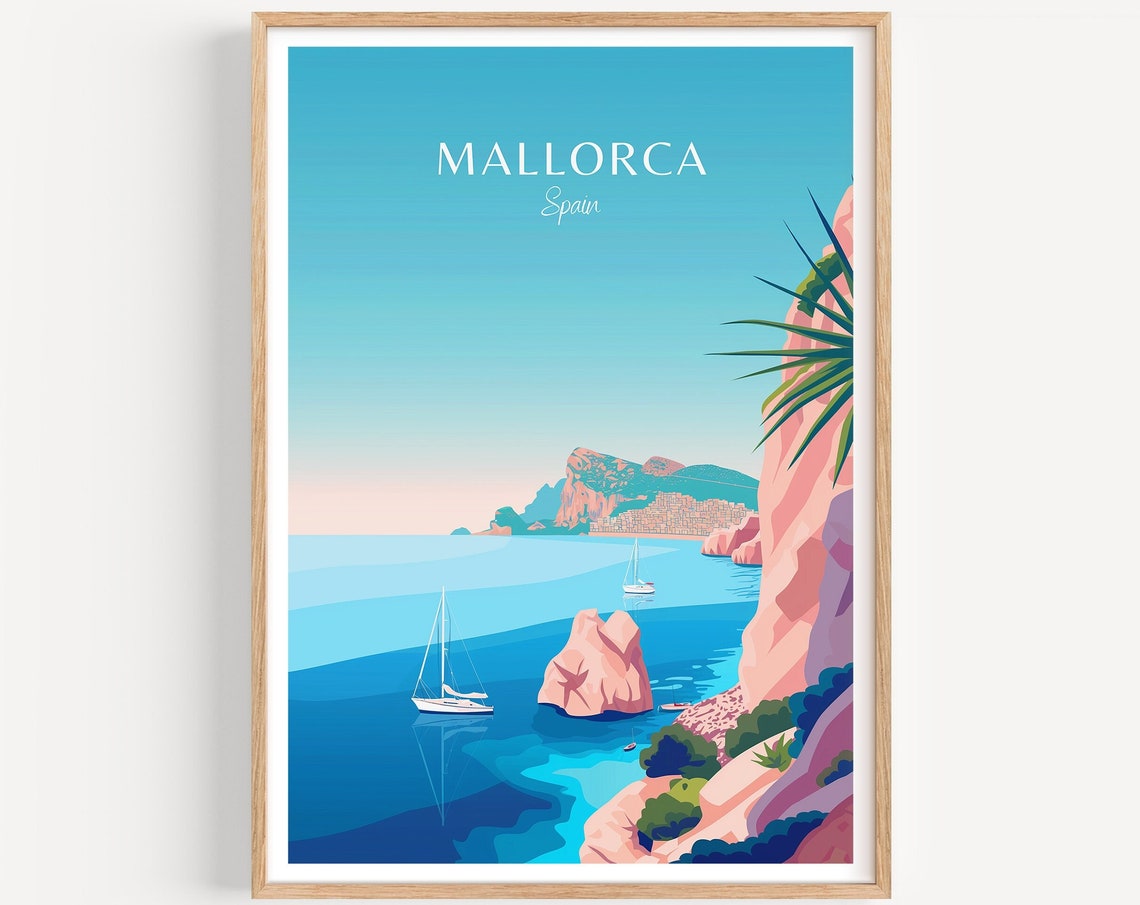 Mallorca Spain Rocky Cliffs Sailboats Headland Travel Poster